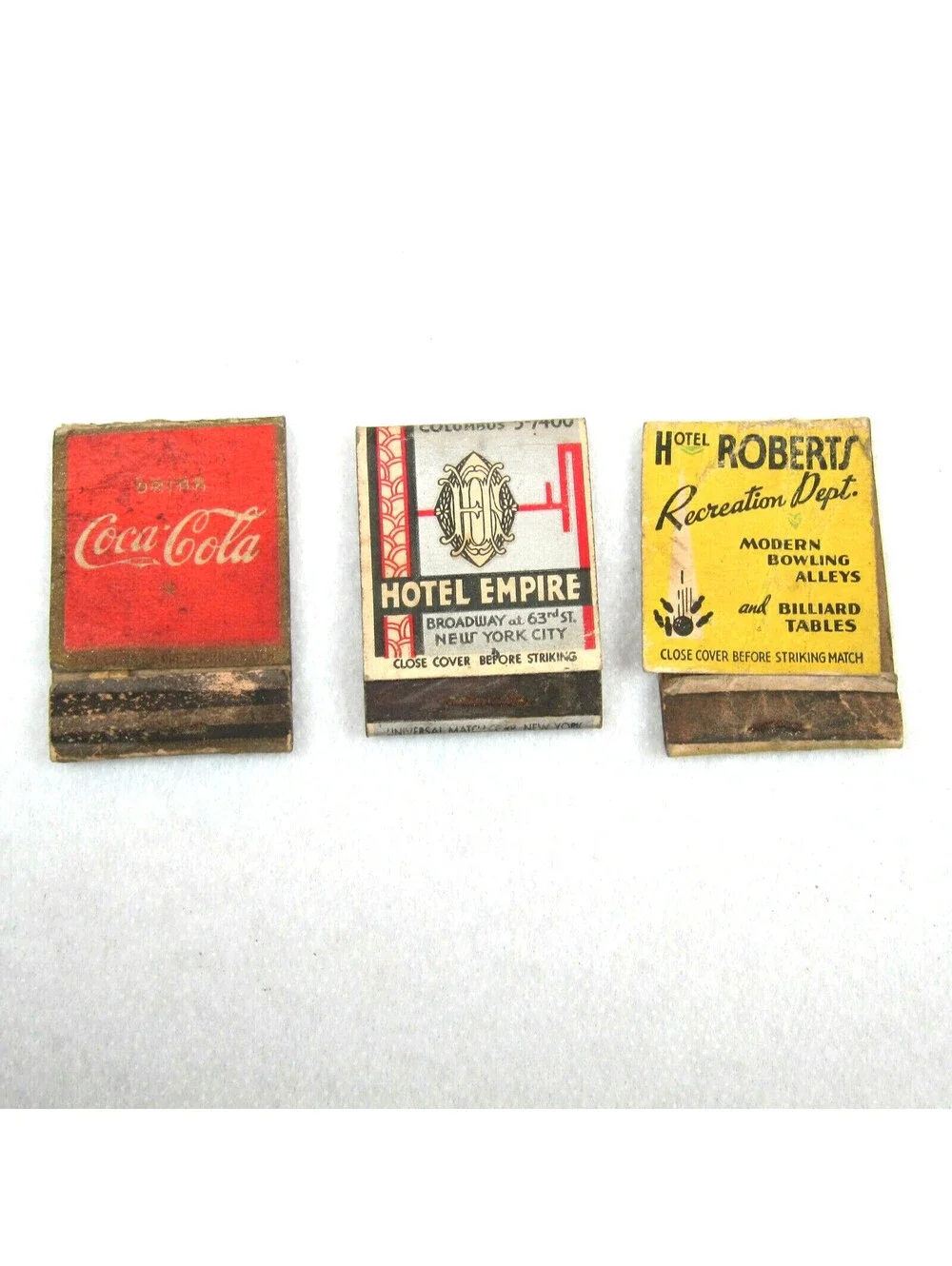3 Vintage Matchbook Covers Drink Coca Cola, Hotel Empire New York, Hotel Roberts